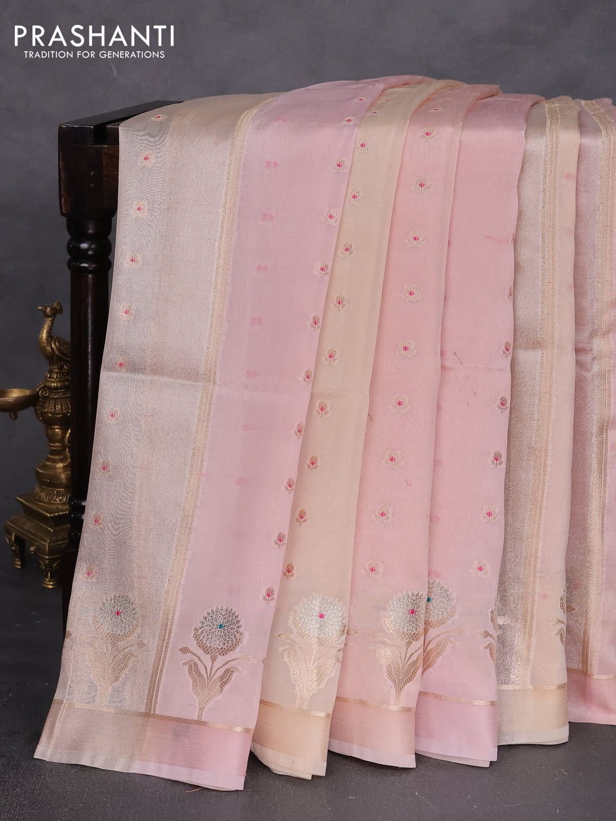 Banarasi tissue semi silk saree pastel peach pink with zari weaves & buttas and floral zari woven butta border