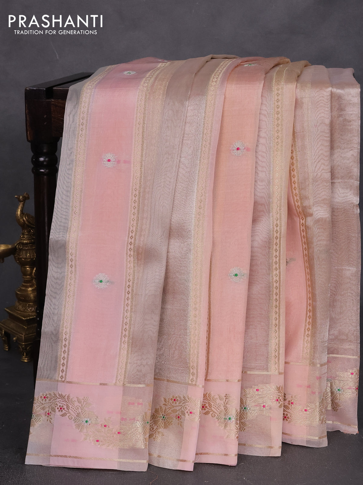 Banarasi tissue semi silk saree pale orange and peach pink with zari weaves & buttas and zari woven border