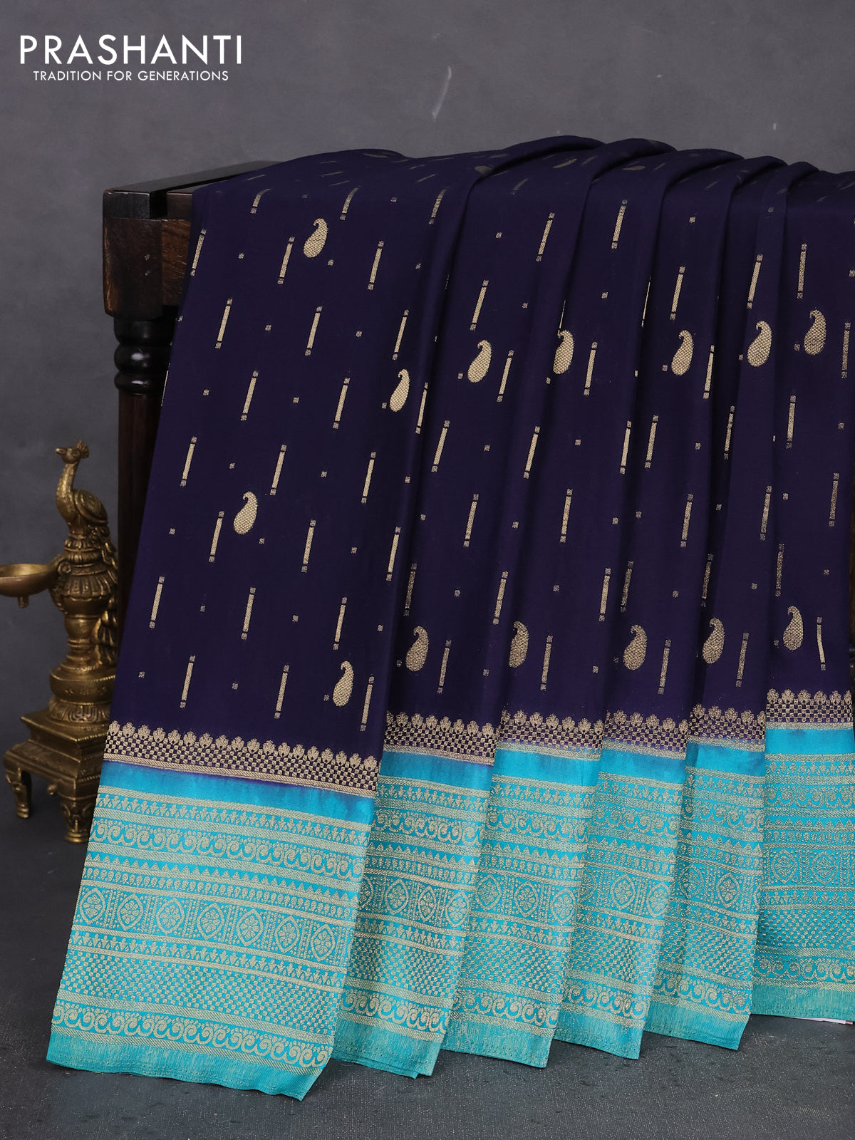 Banarasi semi crepe saree navy blue and teal green with allover zari woven butta weaves and long zari woven border