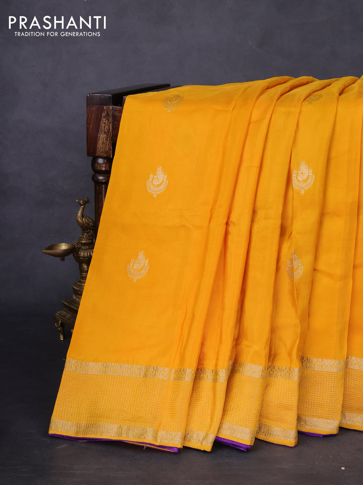 Banarasi silk saree yellow and violet with annam zari woven buttas and zari woven border