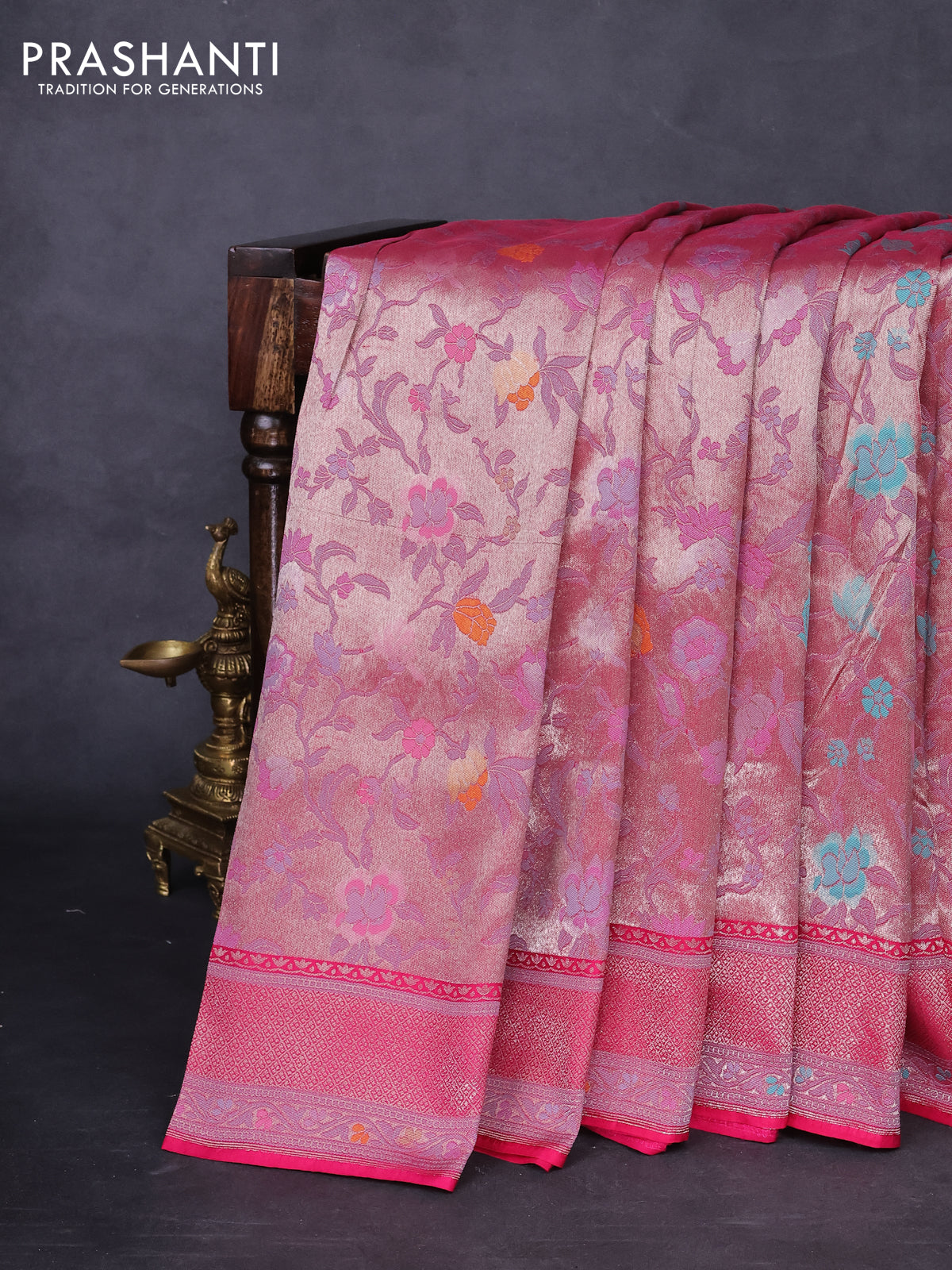 Banarasi tissue silk saree pink with allover thread woven floral weaves and silver zari woven border