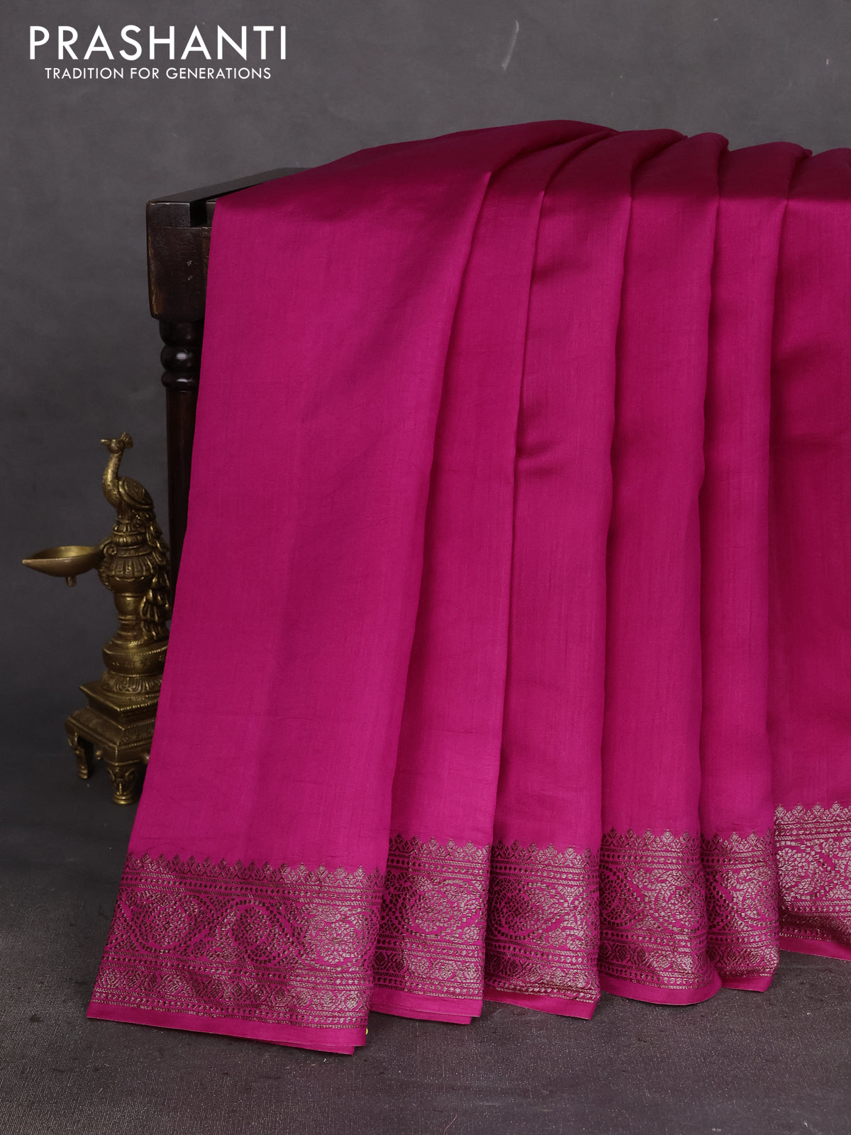Chiniya silk saree magenta pink with plain body and woven border