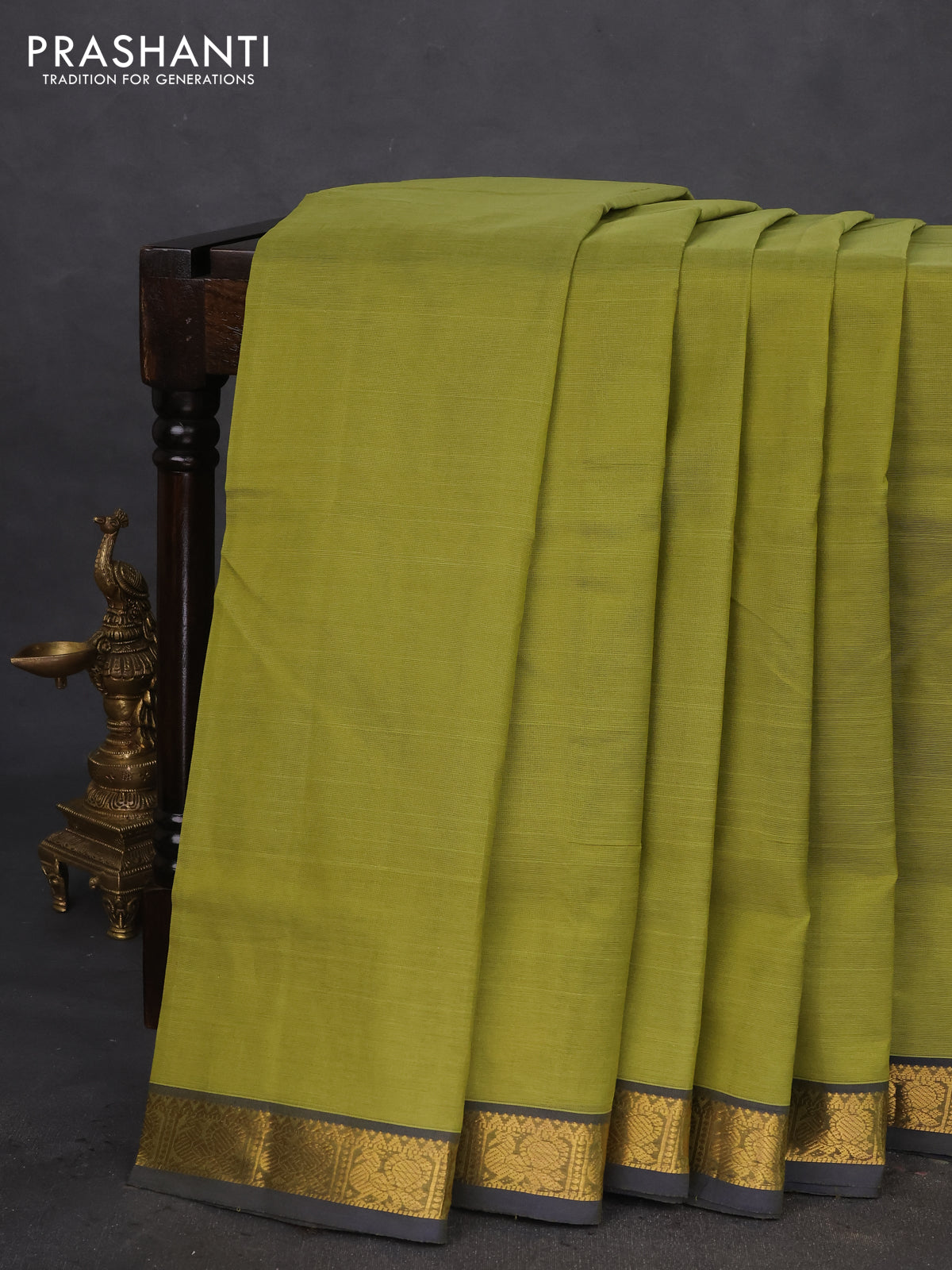 10 Yards silk cotton saree mehendi green and blue with plain body and annam zari woven border