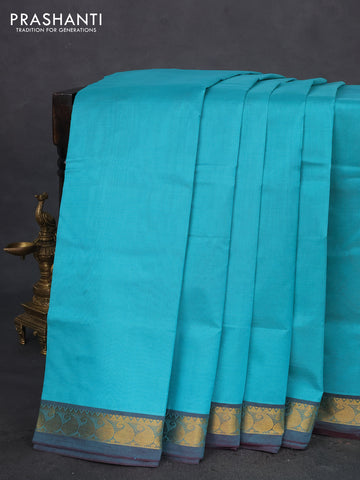 10 Yards silk cotton saree teal blue and wine shade with plain body and paisley zari woven border