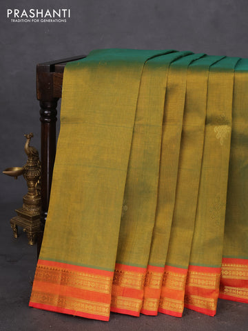 10 Yards silk cotton saree dual shade of green and red with plain body and rettapet zari woven border