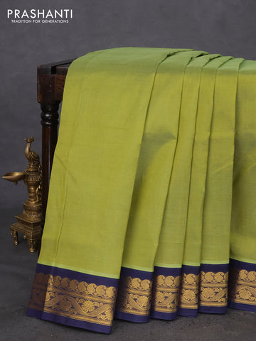 10 Yards silk cotton saree light green and blue with plain body and zari woven korvai border