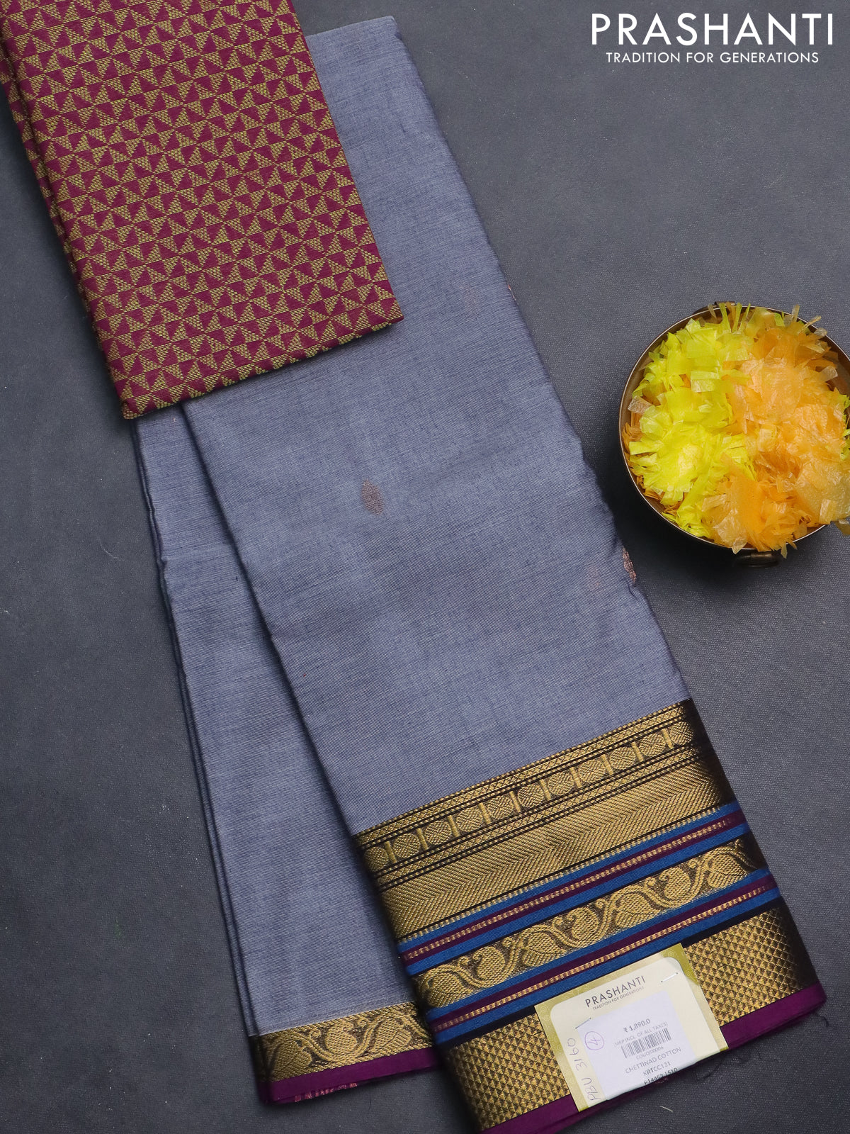 Chettinad cotton saree grey and purple with zari woven buttas and zari woven border