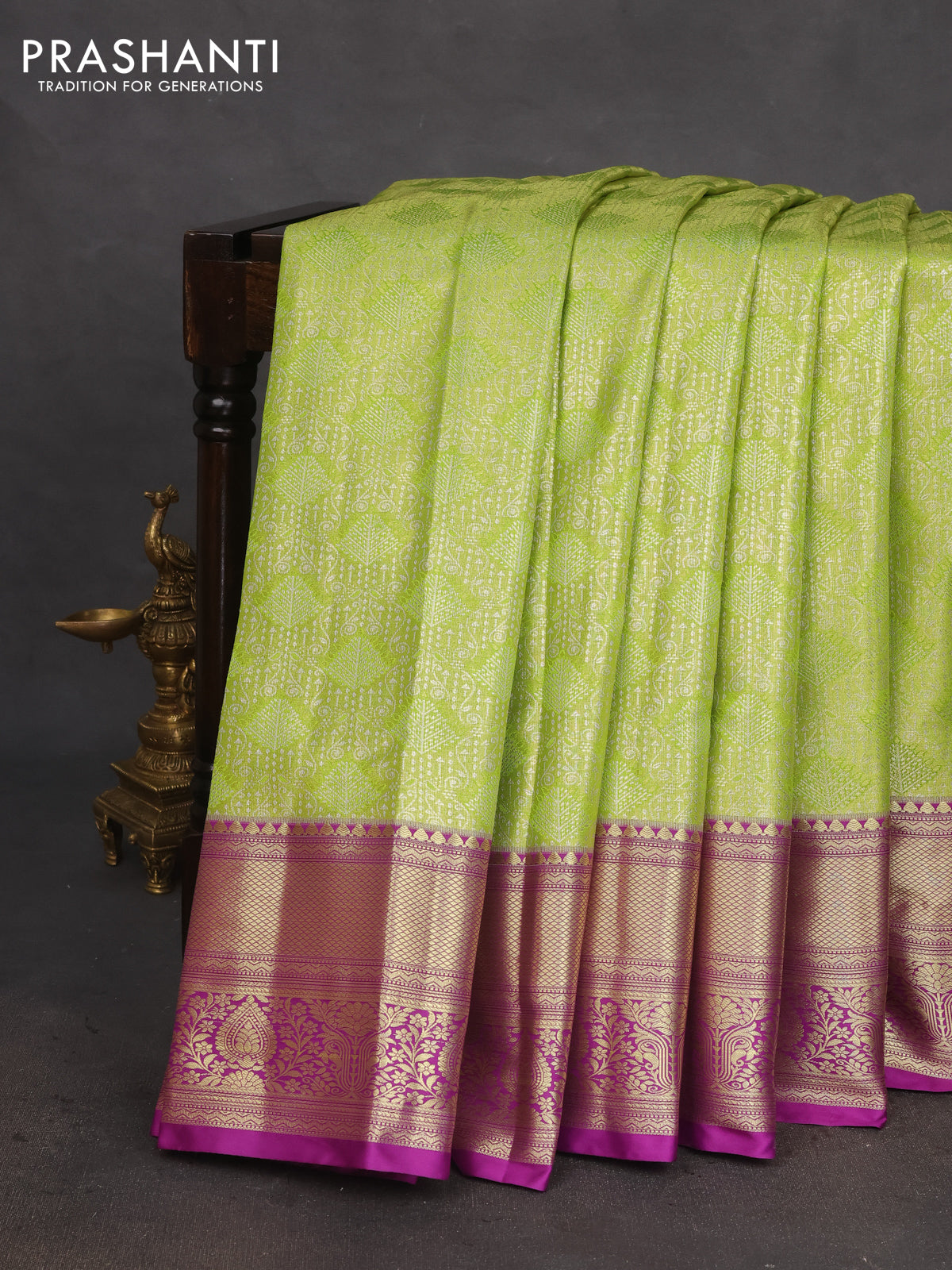 Bangalori tissue silk saree light green and purple with allover silver zari woven brocade weaves and rich zari woven border