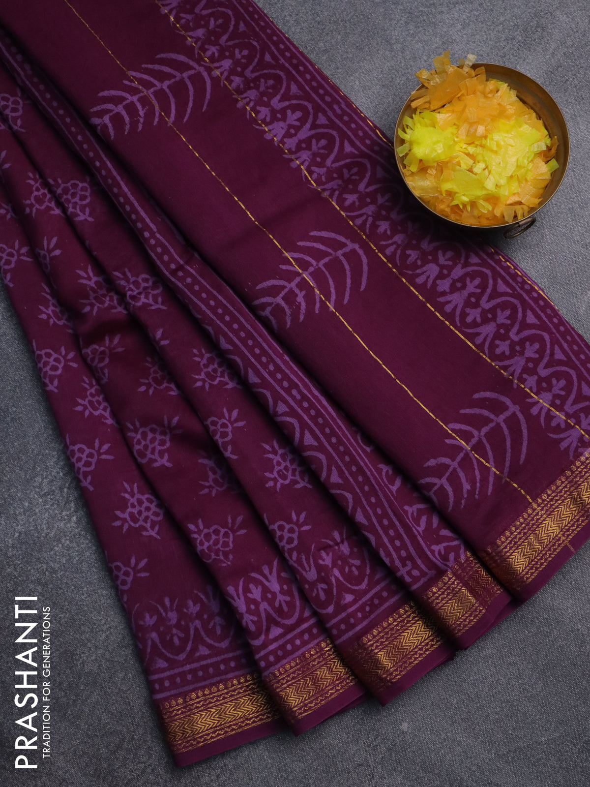 Chanderi bagru saree wine shade with allover butta prints and maheswari border
