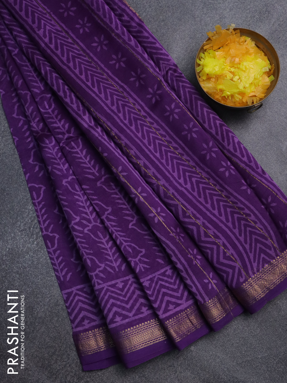 Chanderi bagru saree violet with allover prints and mageshwari border