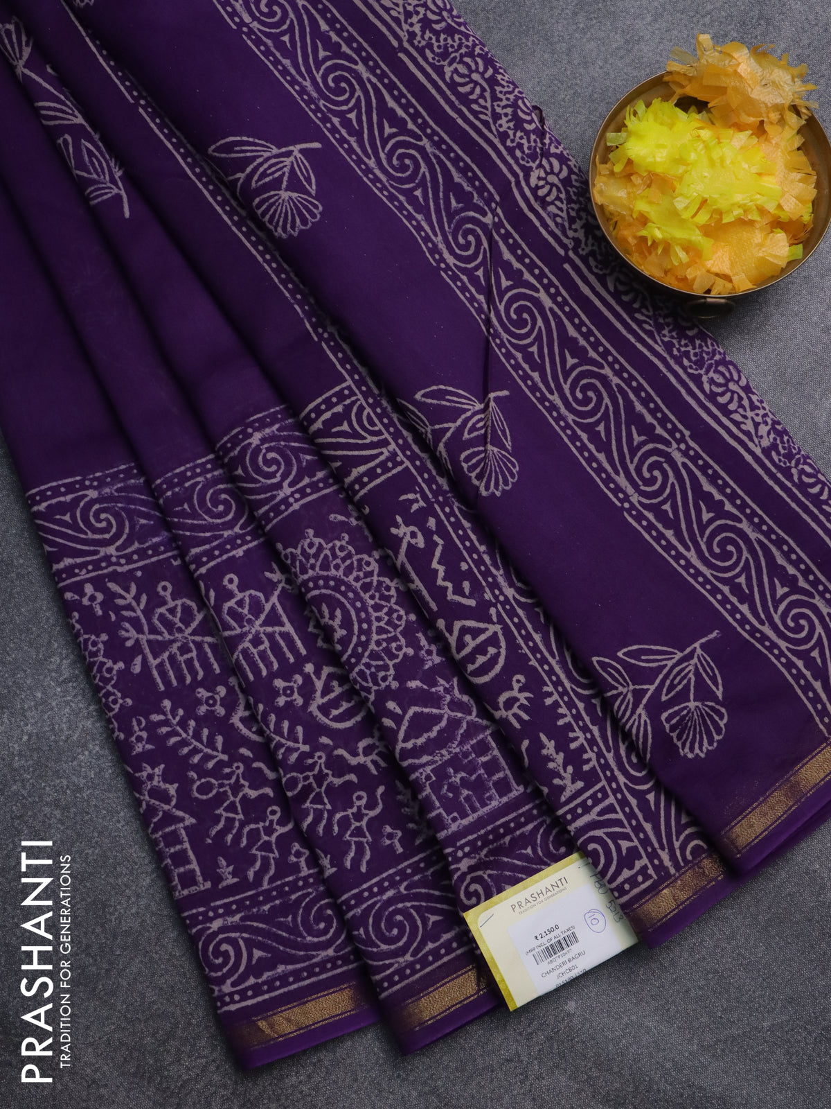 Chanderi bagru saree violet with floral butta prints and long printed zari border
