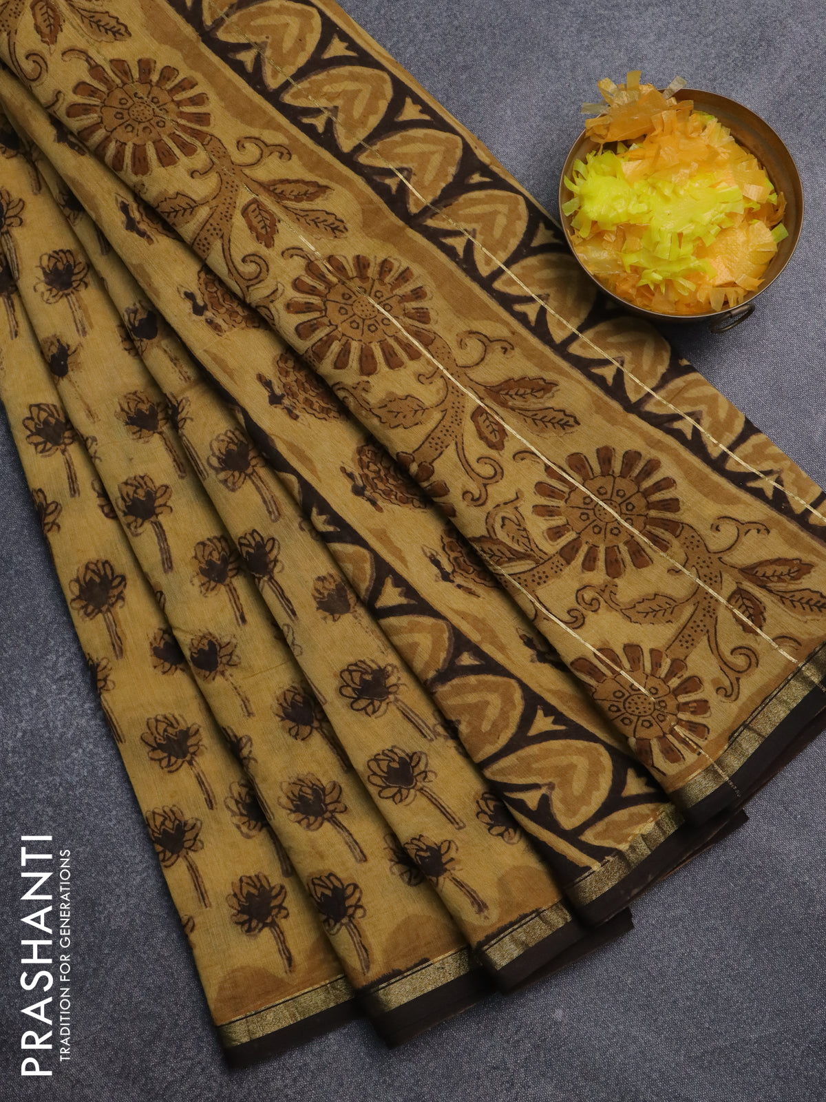 Chanderi bagru saree sandal and brown with allover floral butta prints and small zari woven border