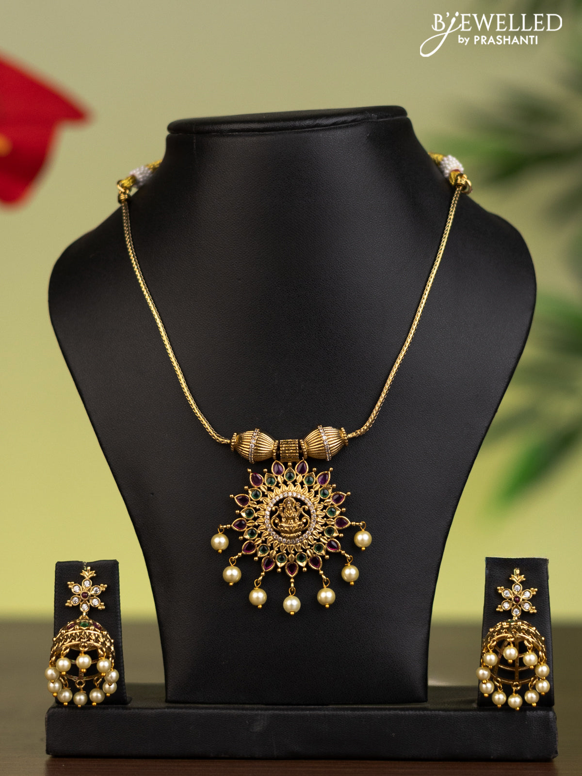 Antique attigai necklace lakshmi pendant with kemp & cz stones and pearl hangings