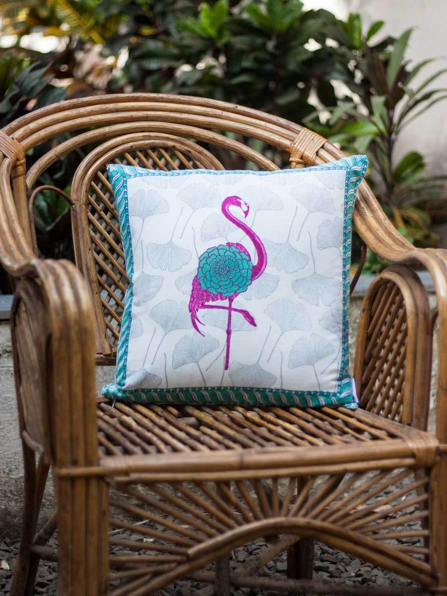 Flamingo Block Printed Cotton Cushion Cover - 16 Inch