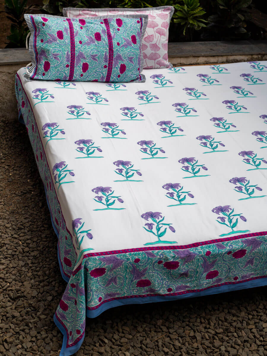 Song of Lilies Block Printed Cotton Bedsheet