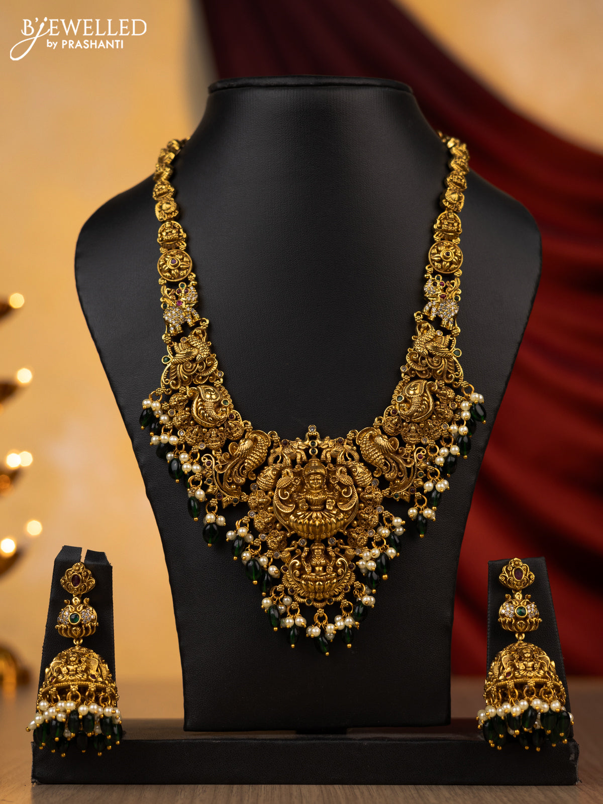 Antique necklace lakshmi design with kemp,cz stone and green pearl beads hanging