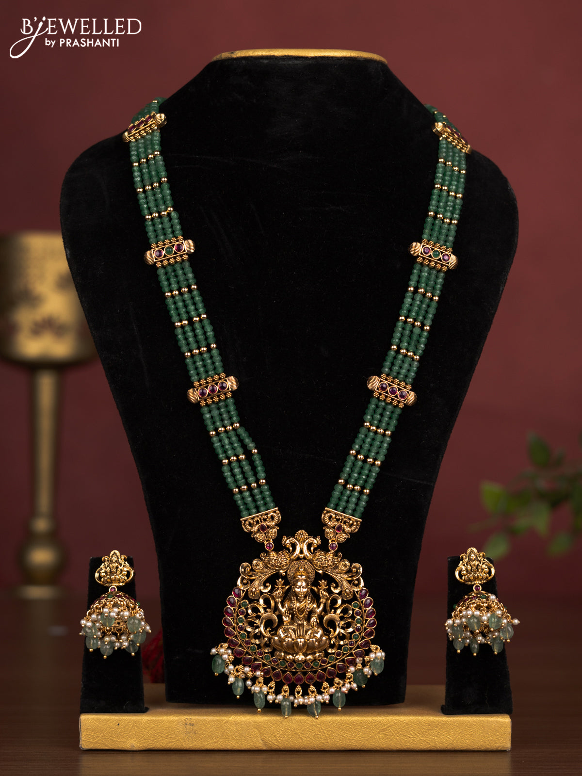 Antique beaded haaram lakshmi pendant with kemp stones and pearl & green beads hanging
