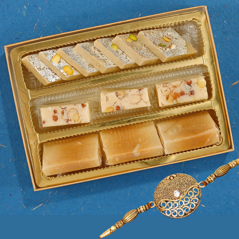 Rakhi With Mixed Burfi and Cashew Sweets