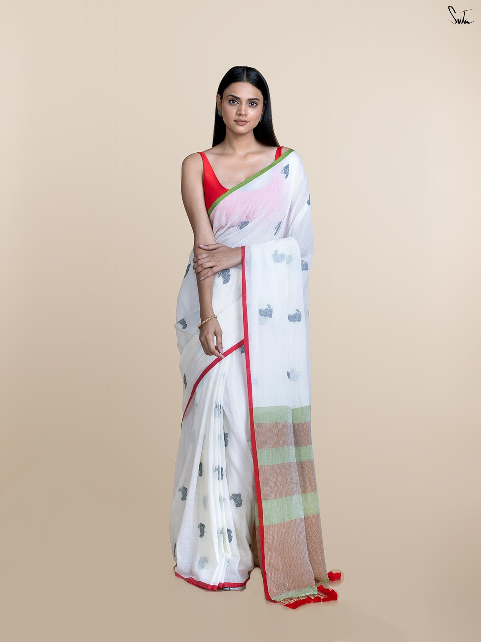 Suta Women White Ethnic Motifs Motif Printed Cotton Saree
