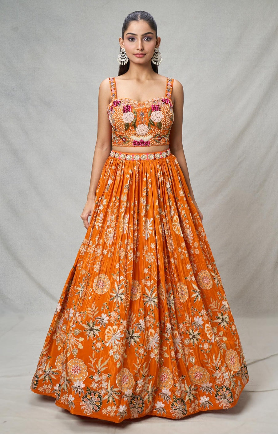 Orange Silk Lehenga with Floral Print & Hand-Thread Embroidery