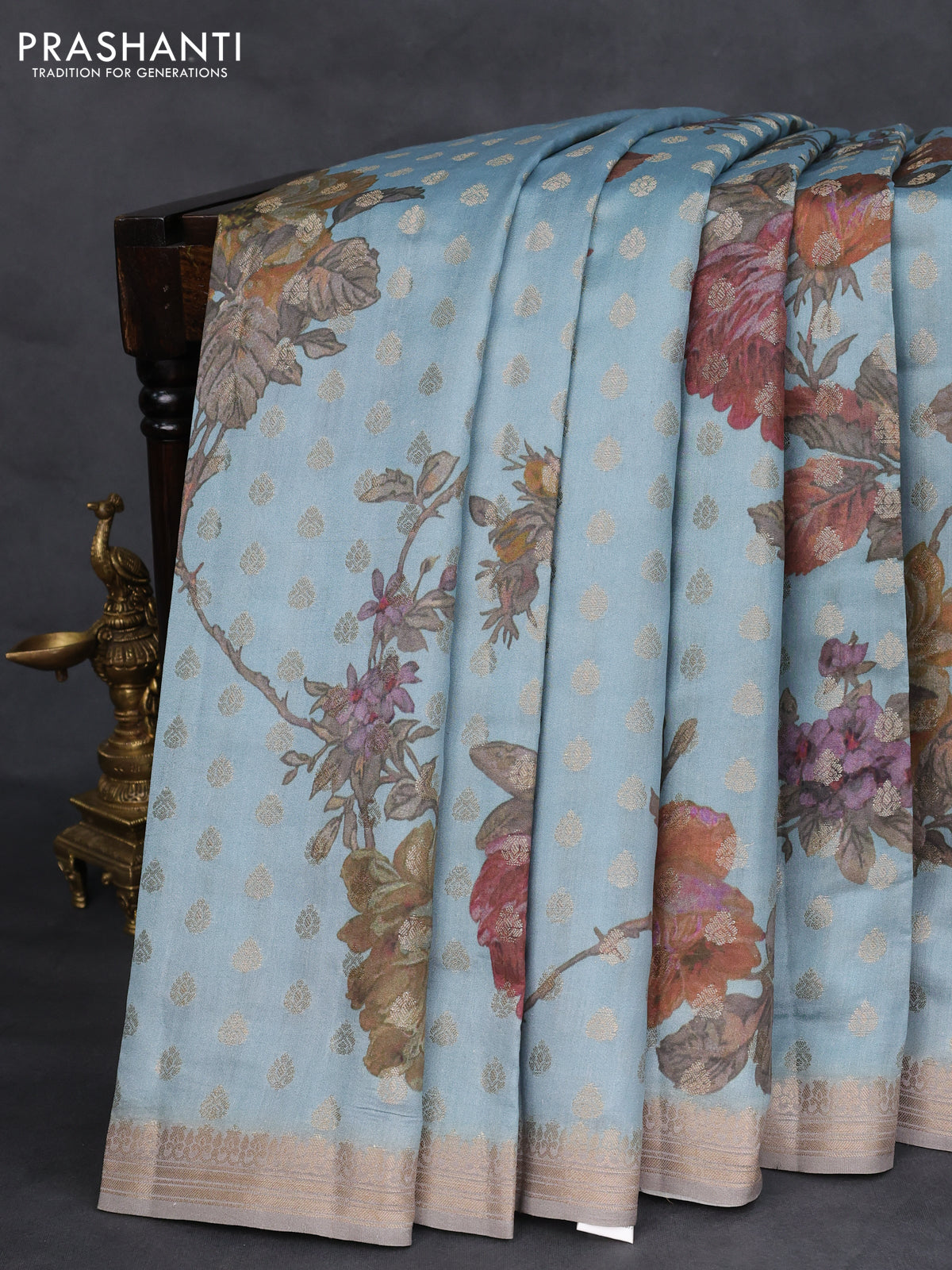 Chiniya silk saree pastel blue with zari woven buttas & digital prints and zari woven border