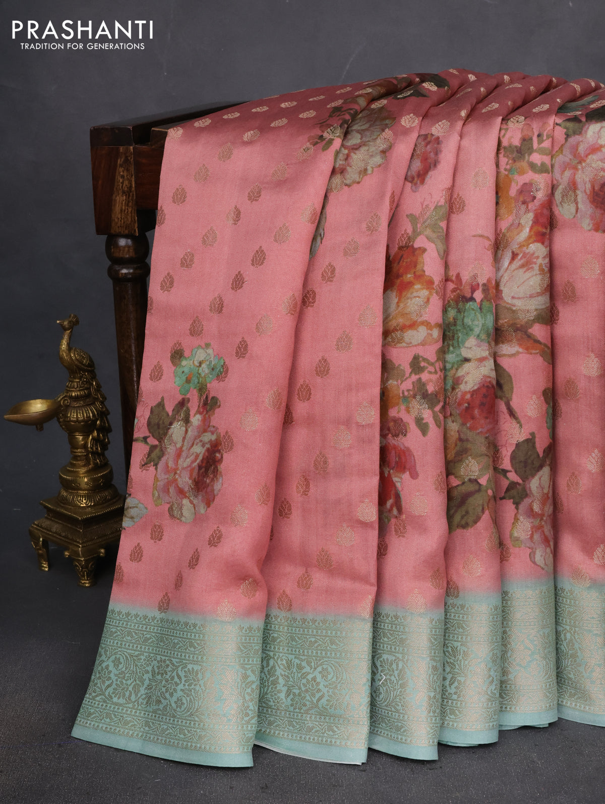 Chiniya silk saree onion pink and pastel blue shade with allover woven buttas & floral digital prints and zari woven border