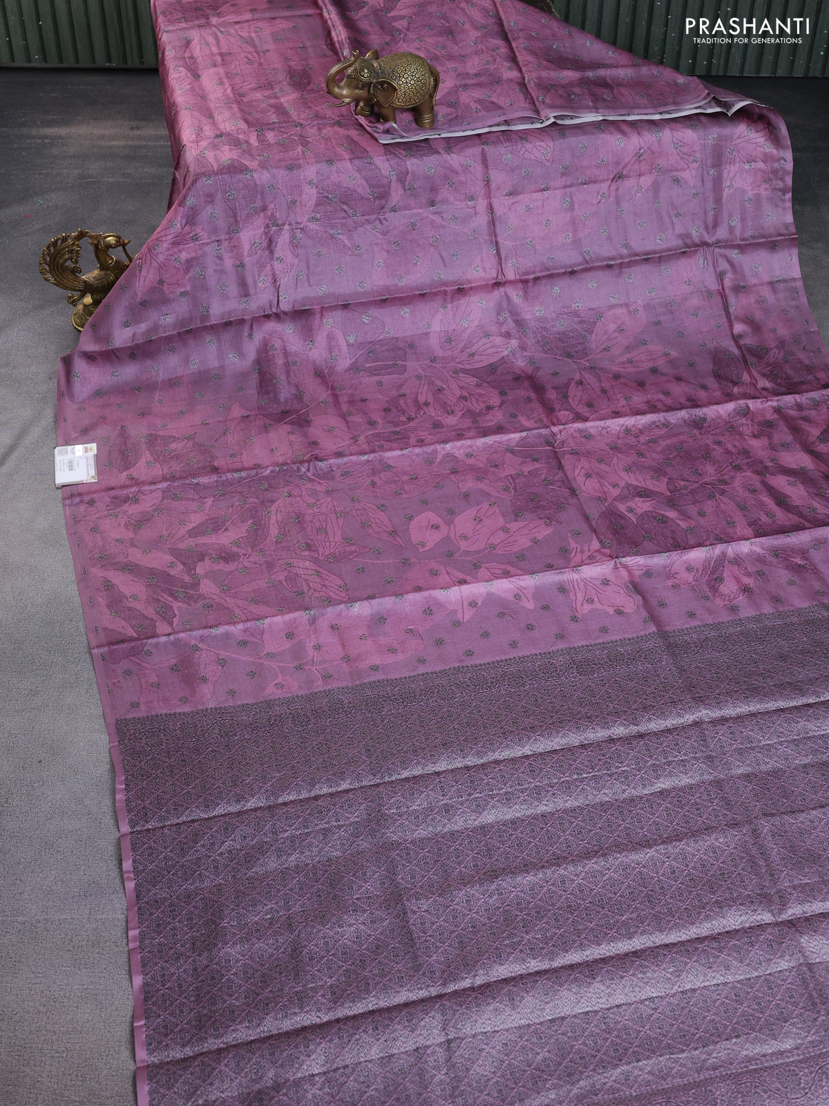 Banarasi tussar silk saree rosey brown with woven buttas & floral digital prints in borderless style