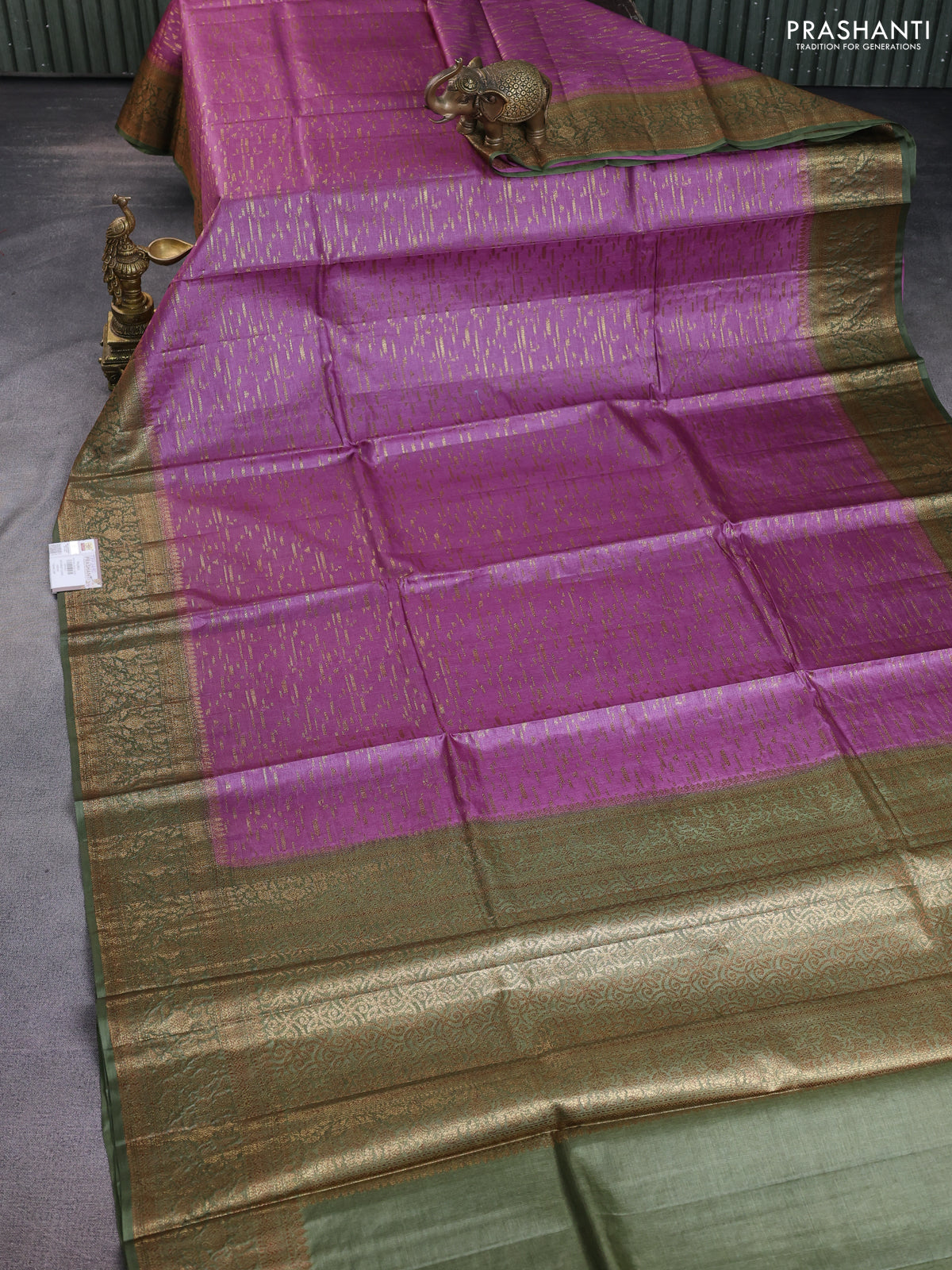 Banarasi tussar silk saree purple shade and green with allover thread & zari buttas and banarasi style border