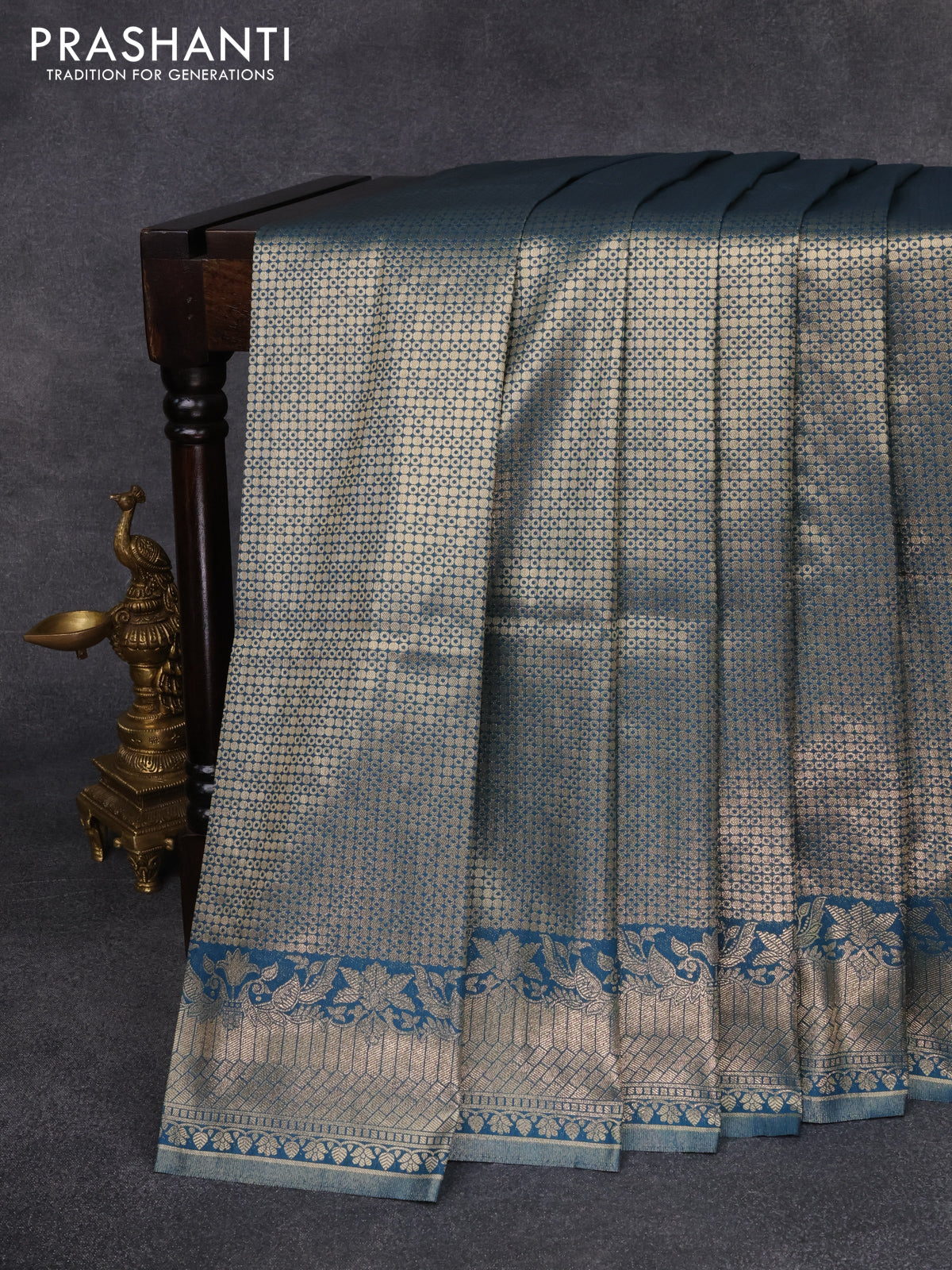 Banarasi silk saree peacock blue with allover zari woven brocade weaves and zari woven border