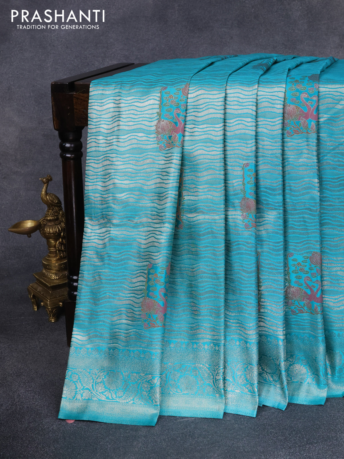 Banarasi silk saree teal blue with allover zari woven brocade weaves and zari woven border
