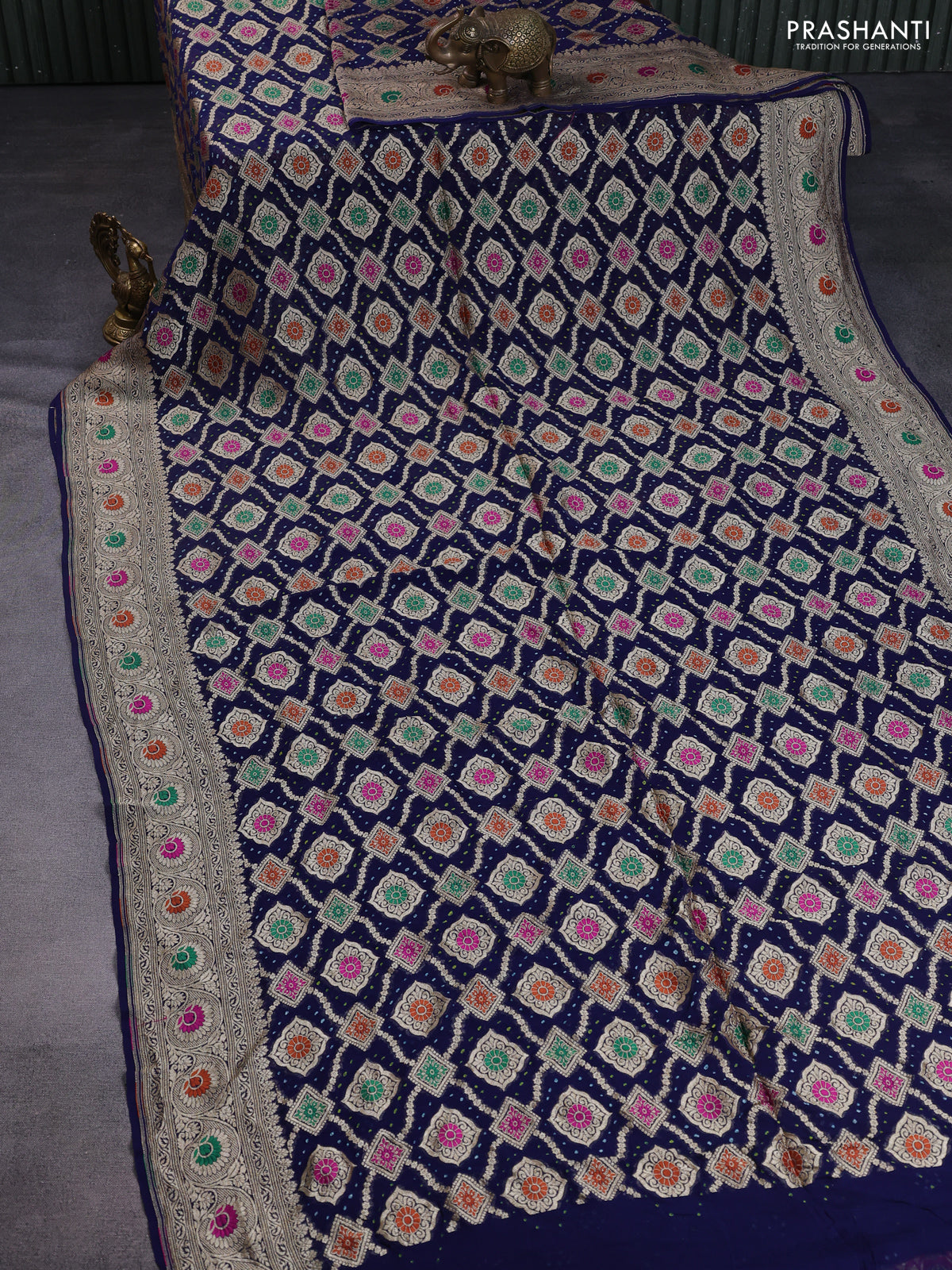 Banarasi georgette saree navy blue with bandhani prints & mina weaves and woven border