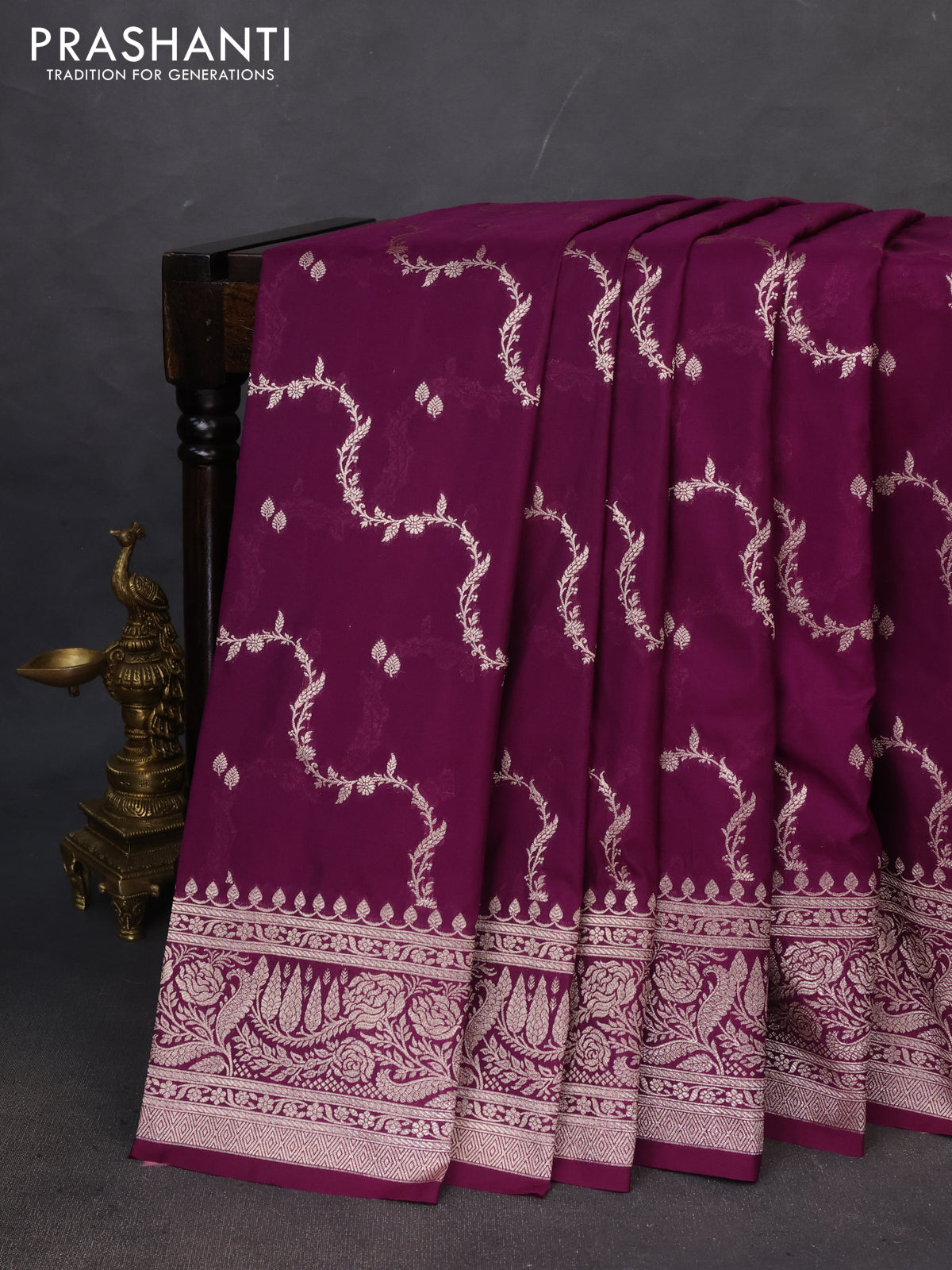 Banarasi semi katan saree deep purple with allover zari weaves and woven border