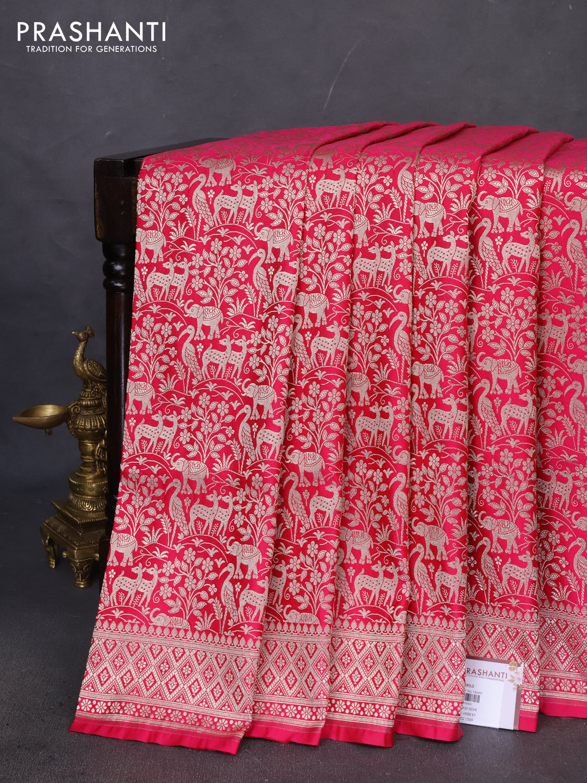 Banarasi semi katan saree pink with allover zari woven vanasingaram weaves and zari woven border