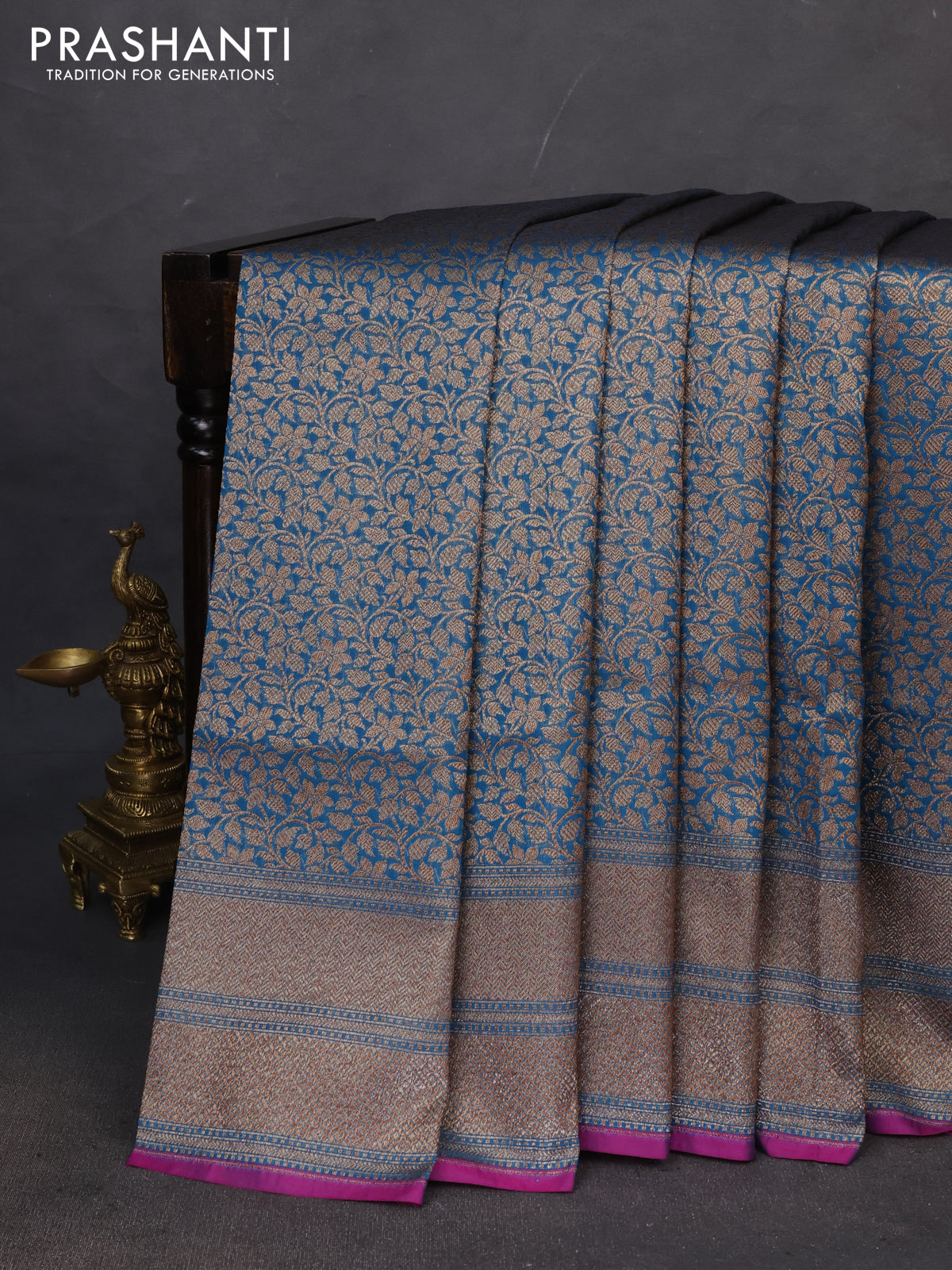 Banarasi semi katan saree peacock blue and purple with allover thread & zari woven brocade pattern and woven border