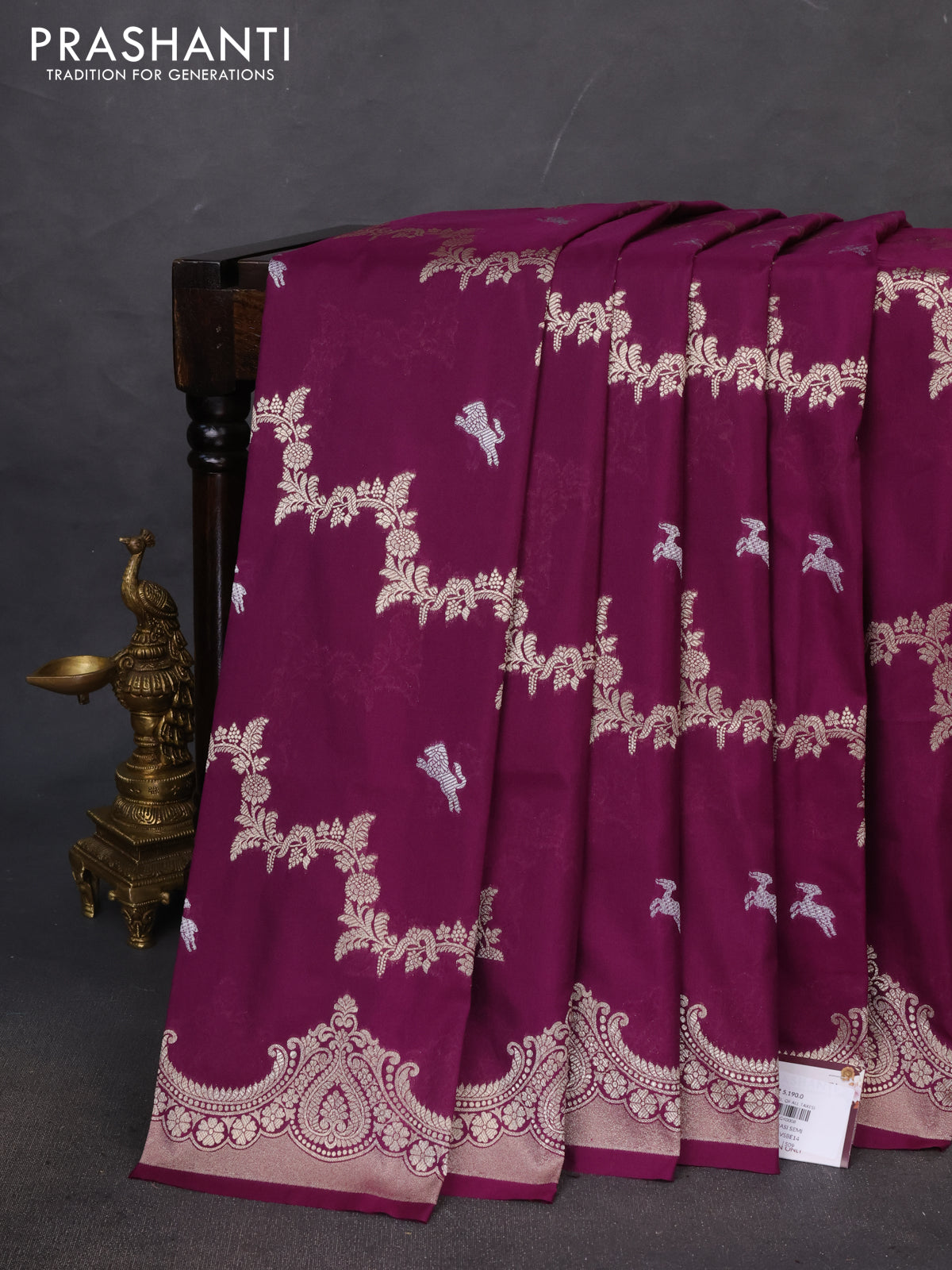 Banarasi semi katan saree purple with silver & gold zari weaves and zari woven border