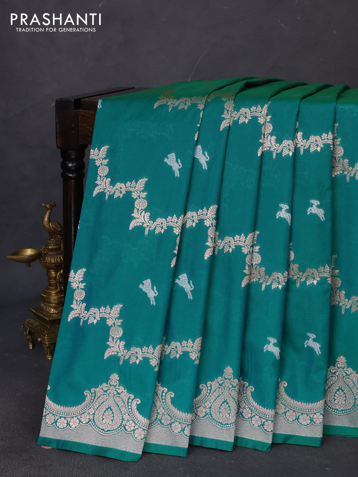 Banarasi semi katan saree teal green with silver & gold zari weaves and zari woven border