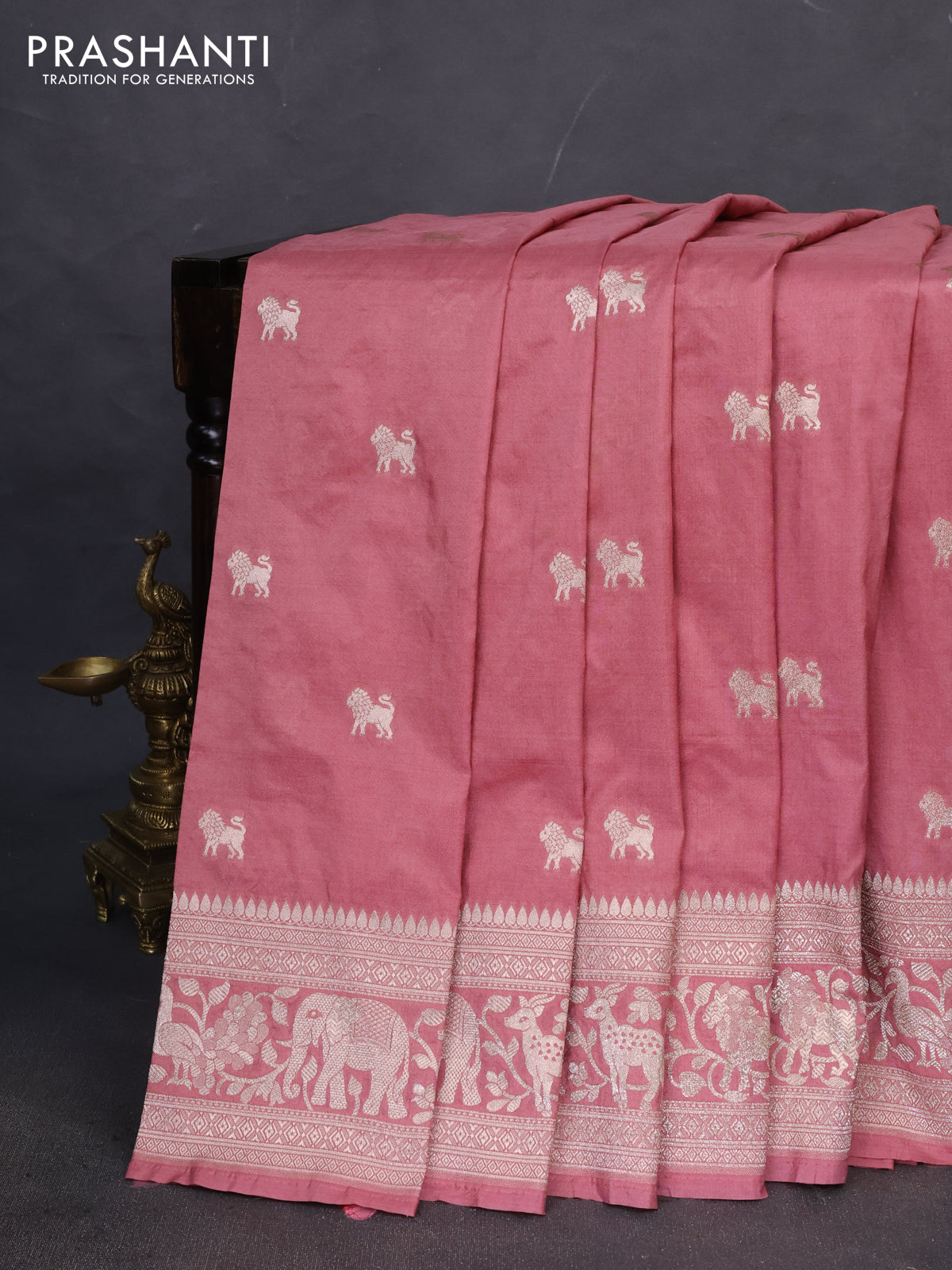 Banarasi semi katan saree pastel peach with lion zari woven buttas and rich zari woven butta border