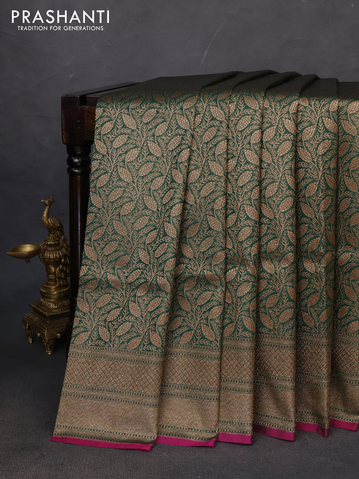 Banarasi semi katan saree green and magenta pink with allover thread & zari woven brocade pattern and woven border