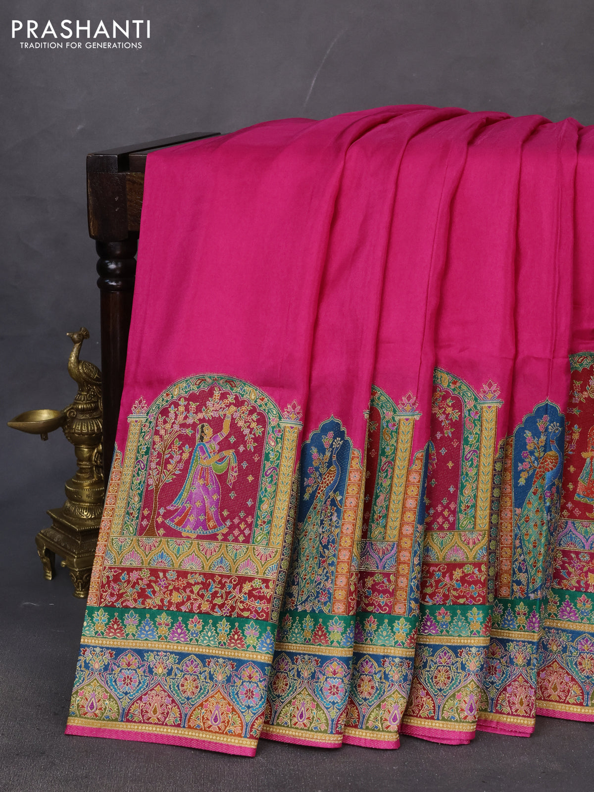 Banarasi silk saree pink with plain body and position prints
