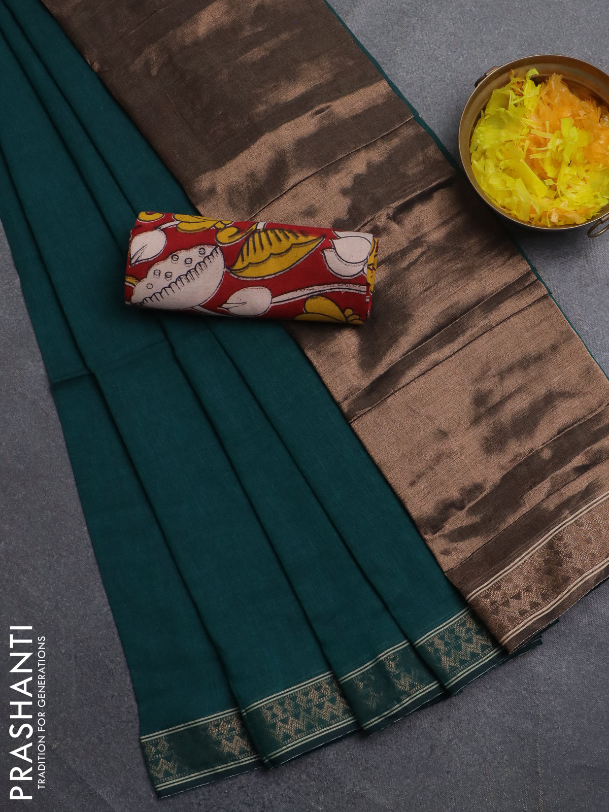 Bengal soft cotton saree green and red with plain body and zari woven border