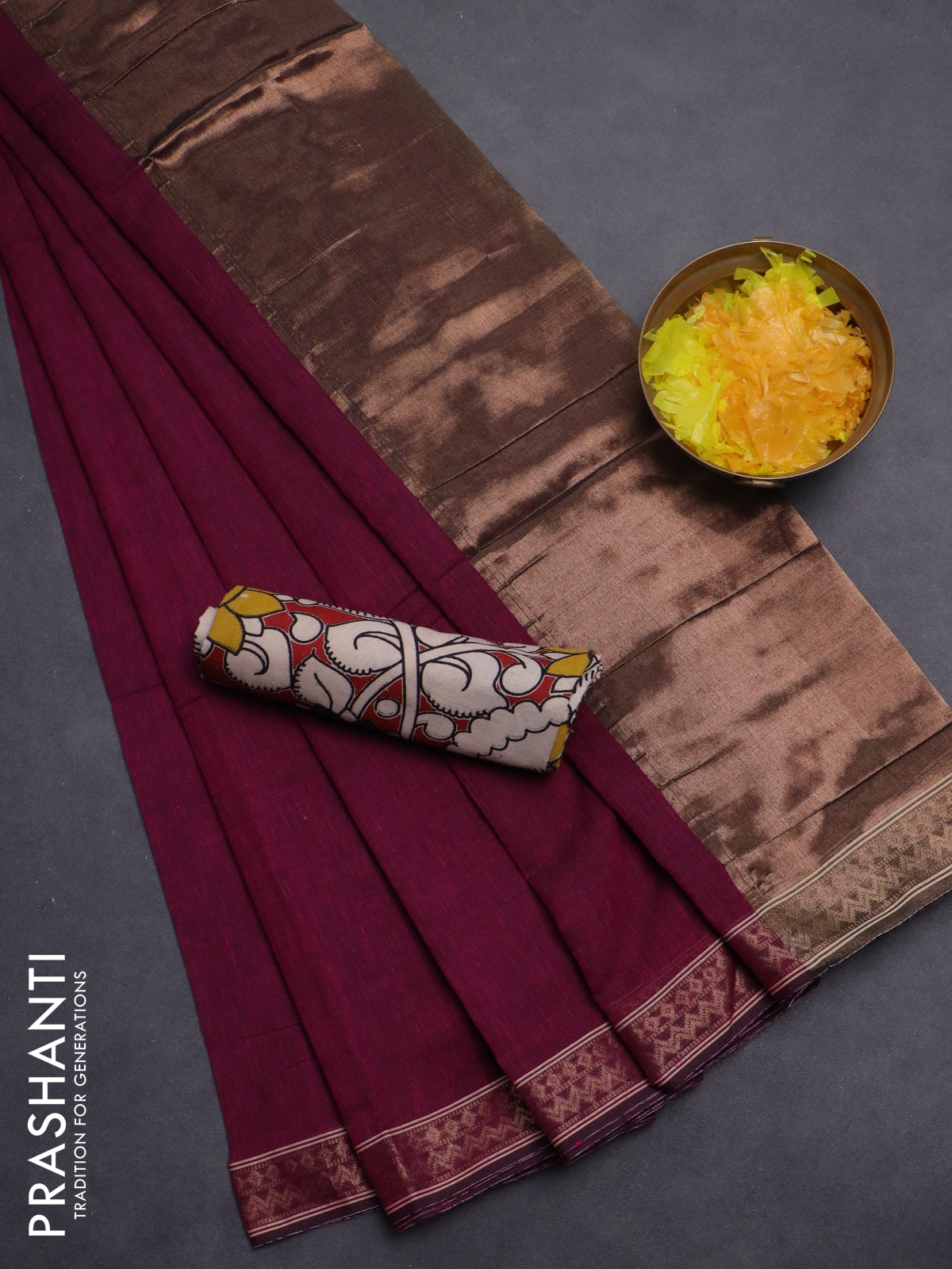 Bengal soft cotton saree dark magenta pink and maroon with plain body and zari woven border