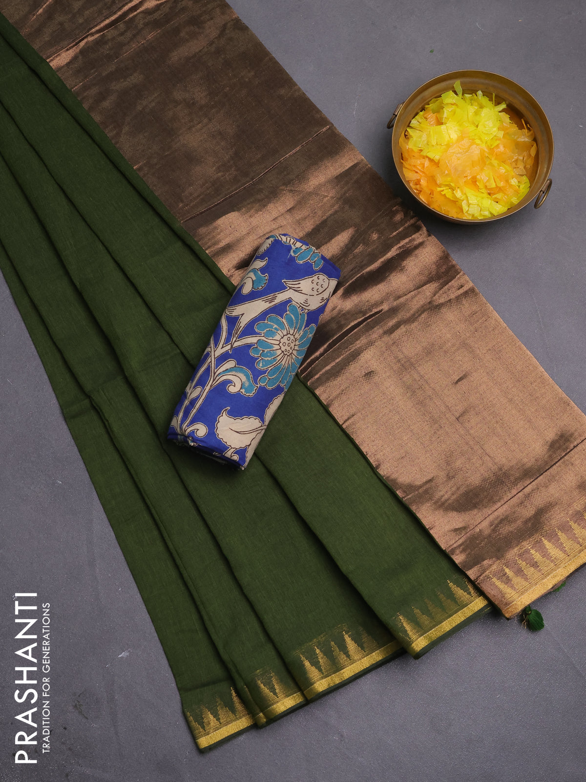 Bengal soft cotton saree sap green and blue with plain body and zari woven border
