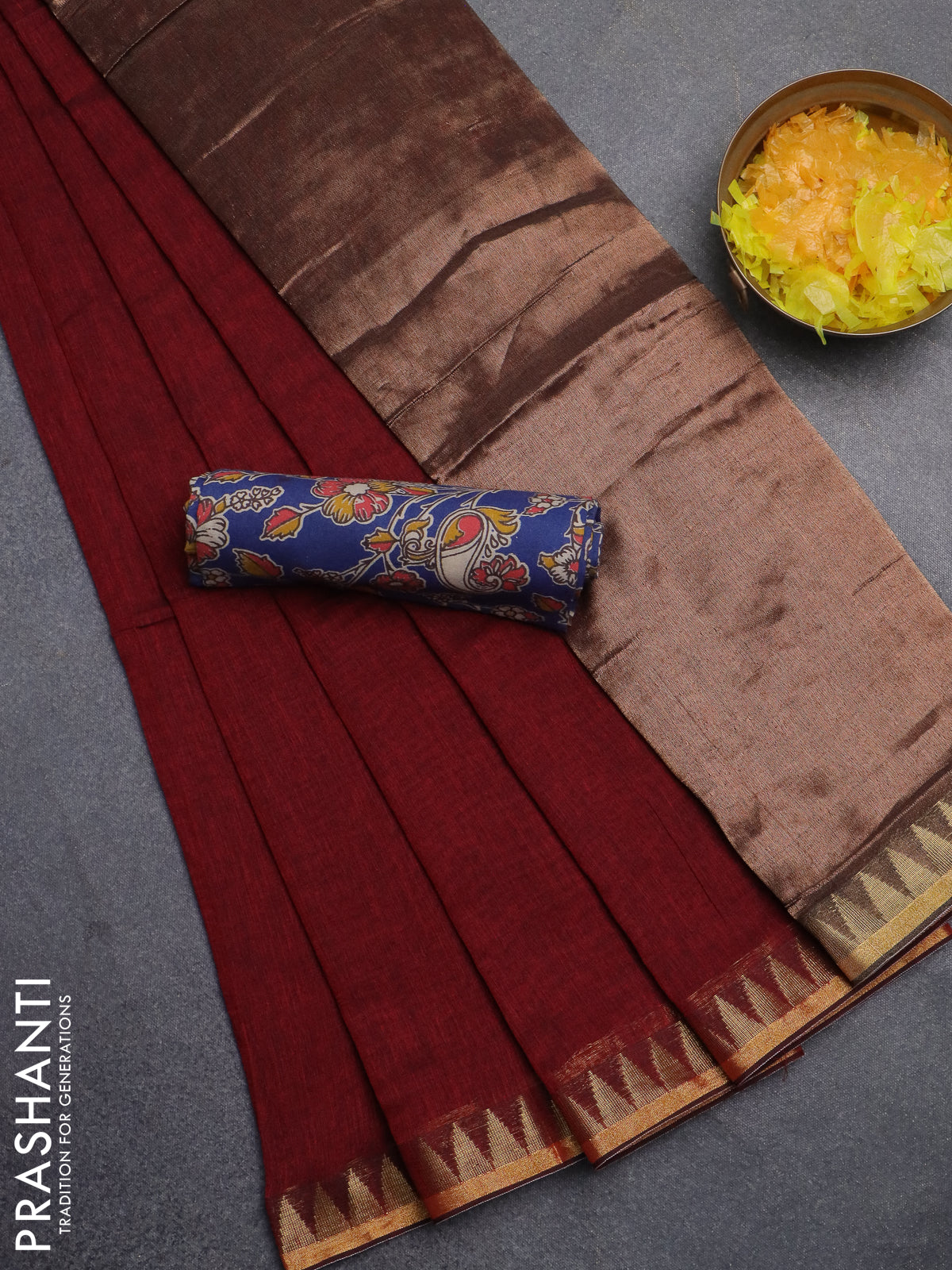 Bengal soft cotton saree maroon and blue with plain body and zari woven border