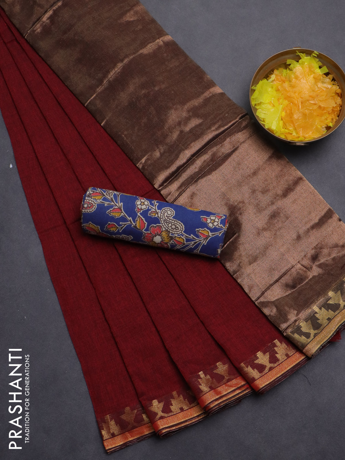 Bengal soft cotton saree maroon and blue with plain body and zari woven border