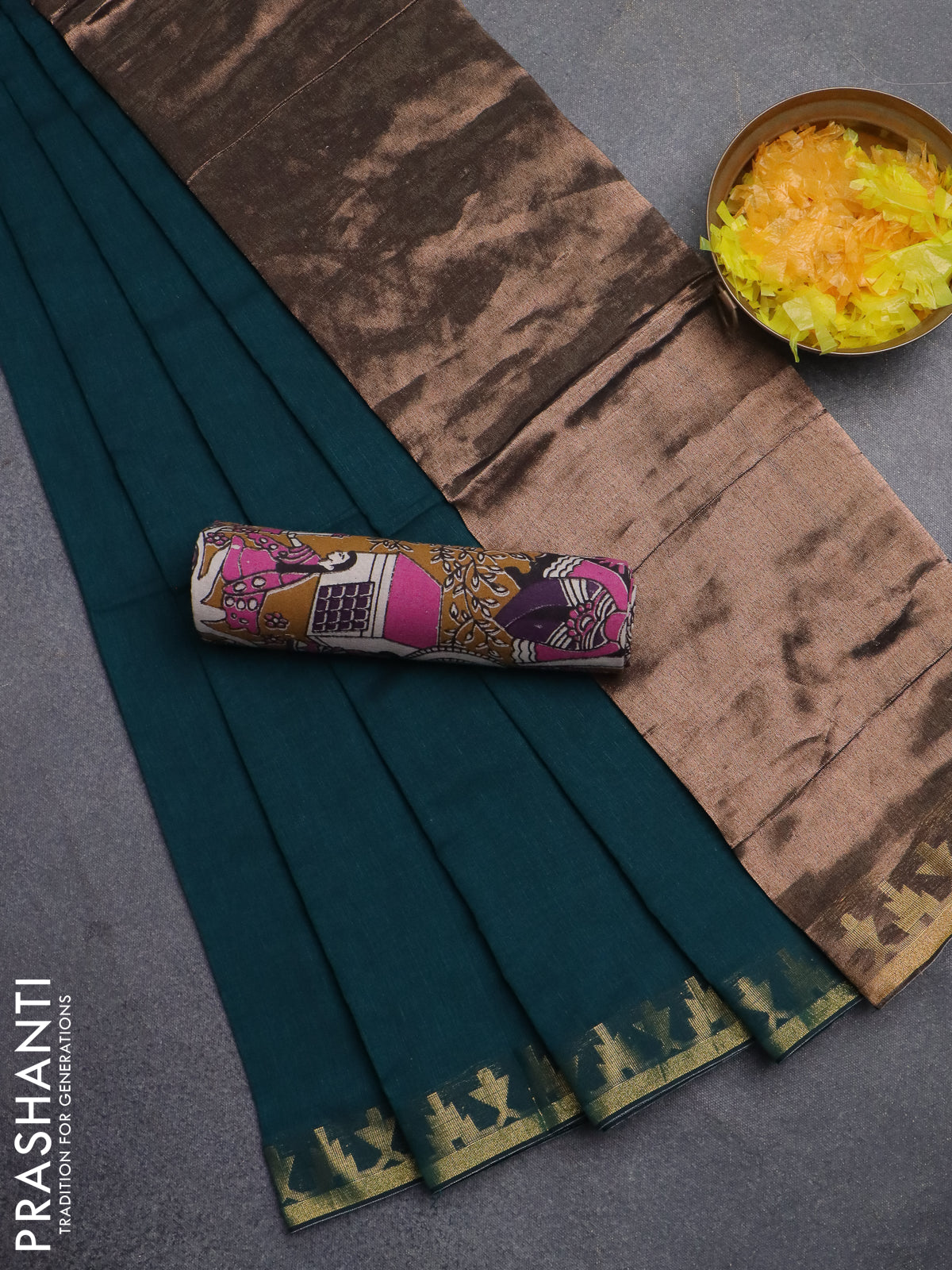 Bengal soft cotton saree peacock green and mustard yellow with plain body and zari woven border