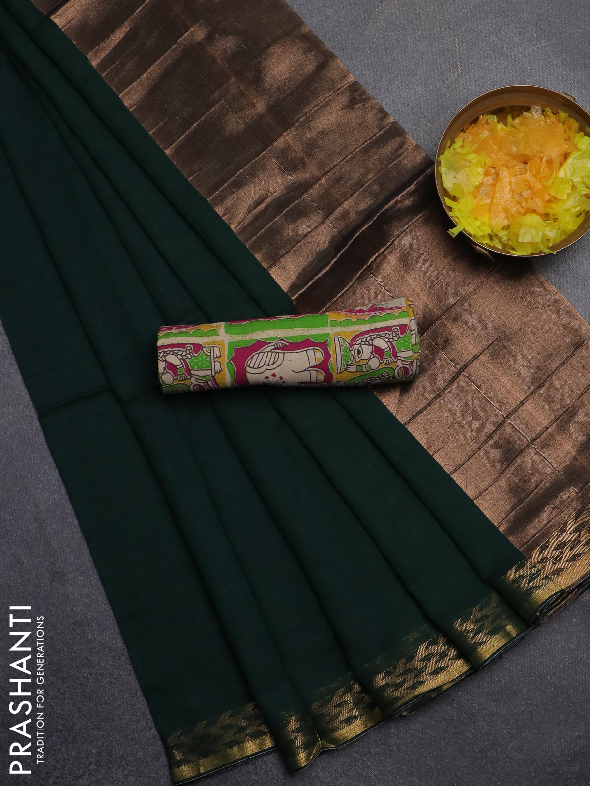 Bengal soft cotton saree dark green and magenta pink with plain body and zari woven border