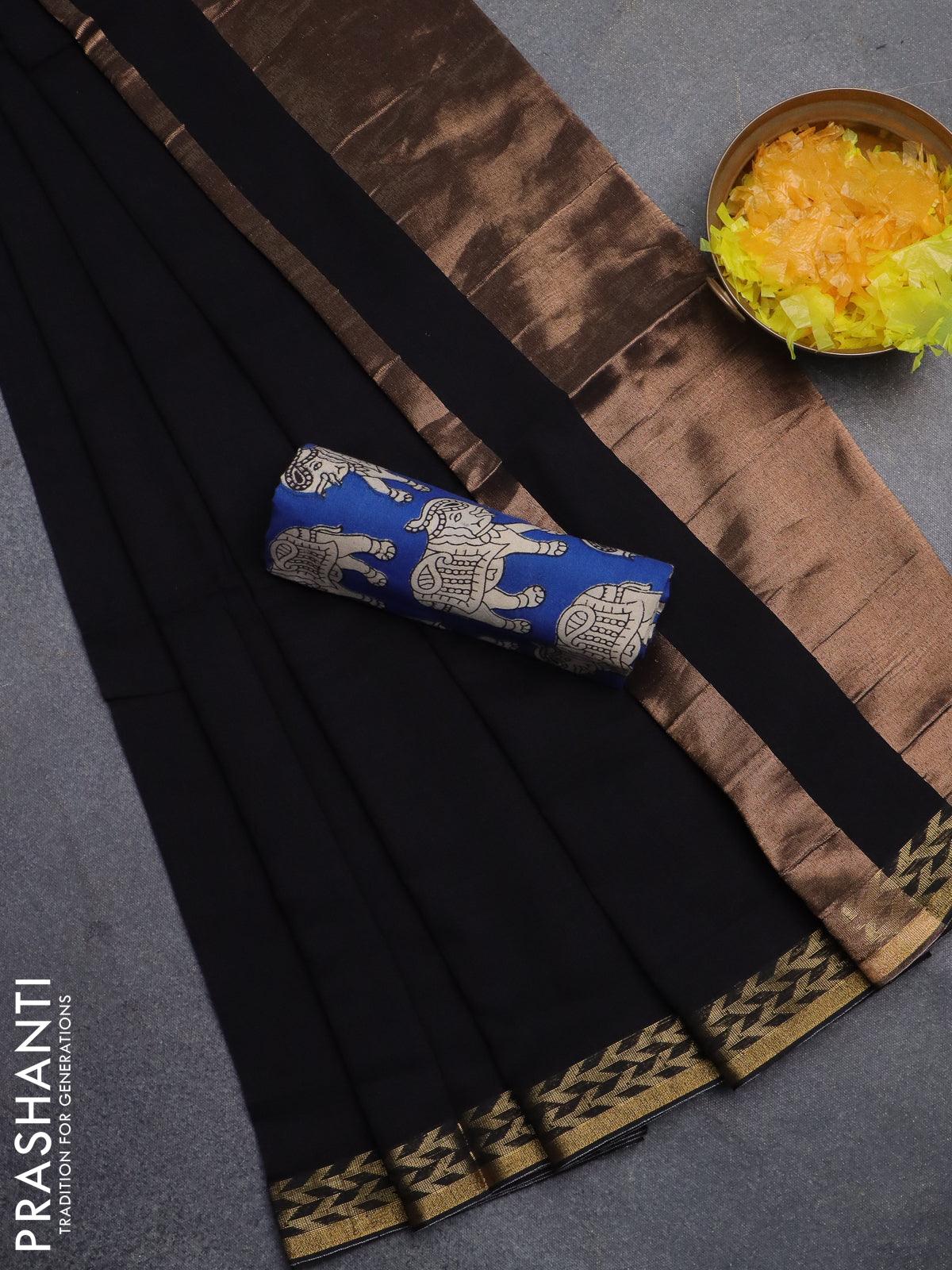 Bengal soft cotton saree black and blue with plain body and zari woven border