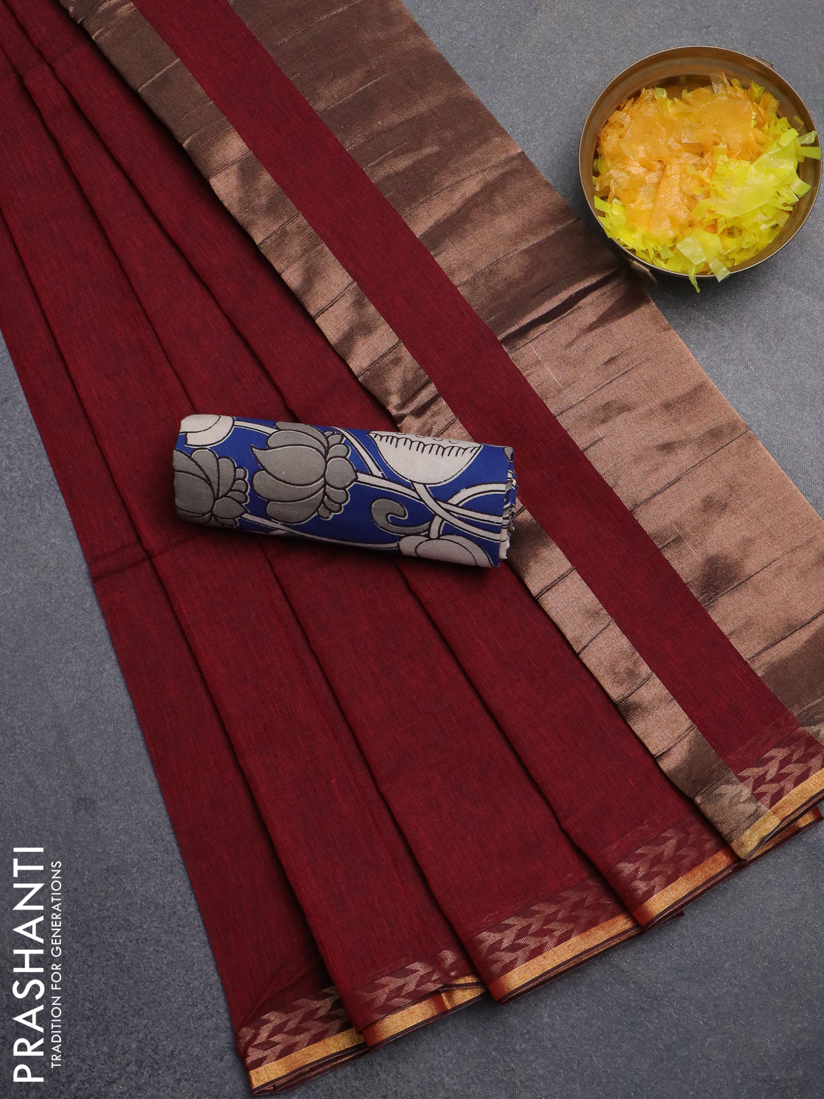 Bengal soft cotton saree maroon and blue with plain body and zari woven border