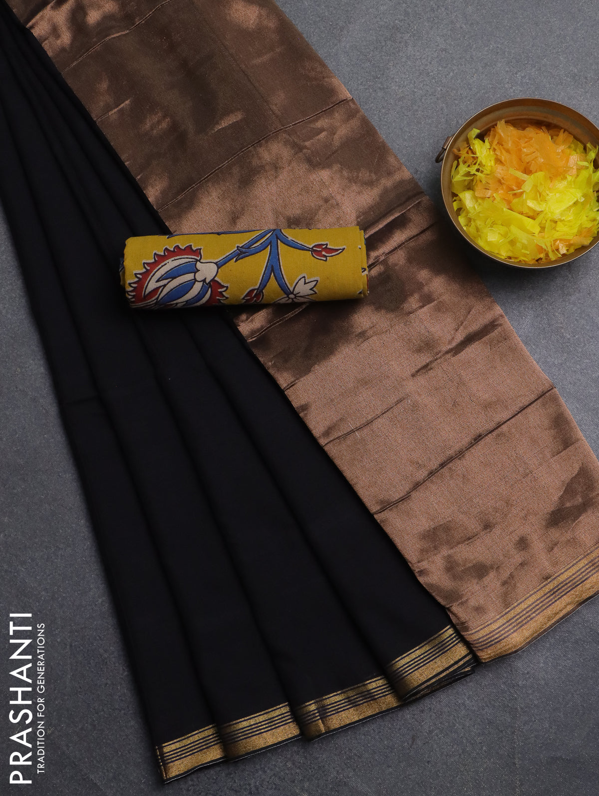 Bengal soft cotton saree black and yellow with plain body and zari woven border