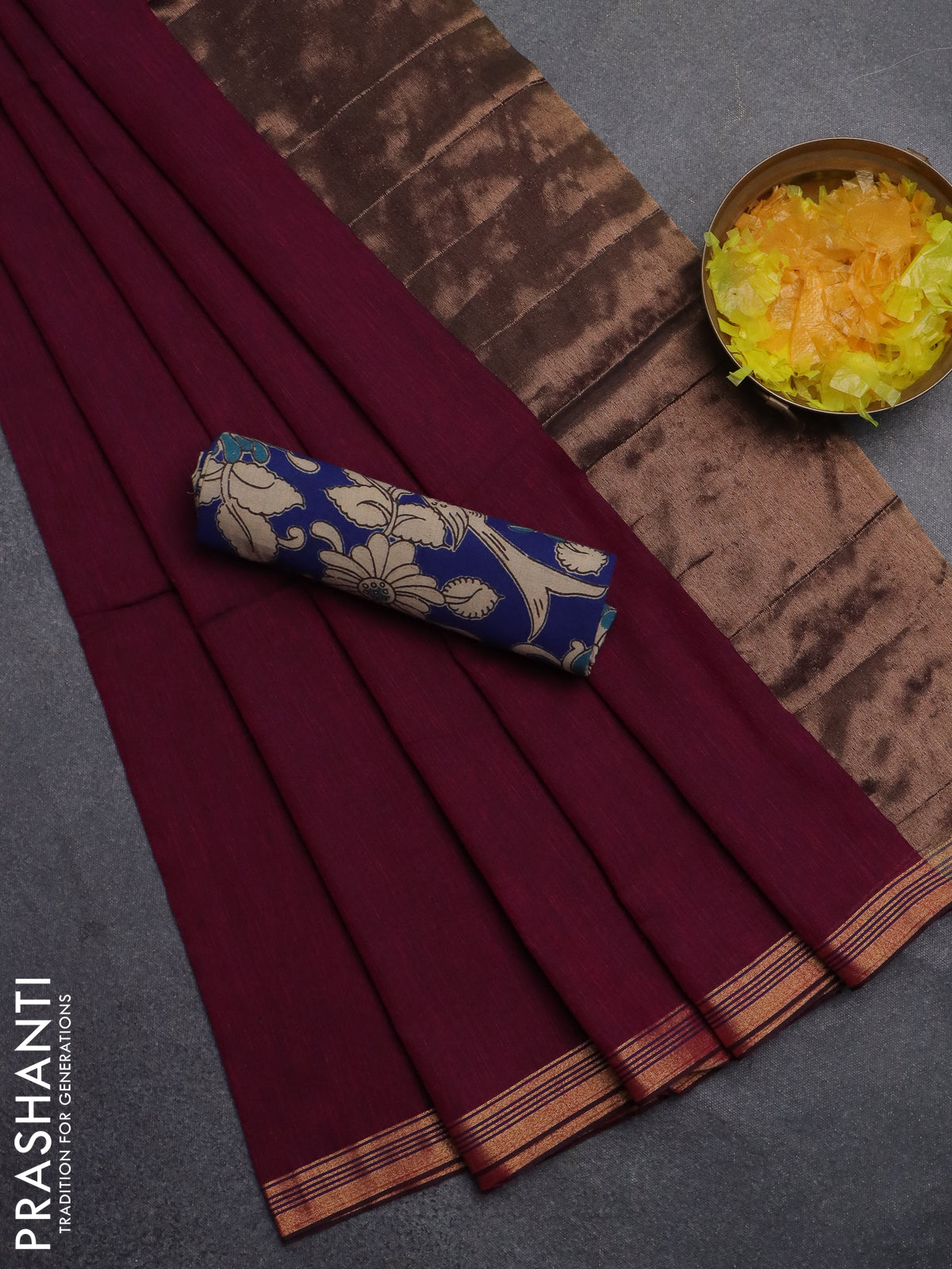Bengal soft cotton saree dark magenta pink and blue with plain body and zari woven border